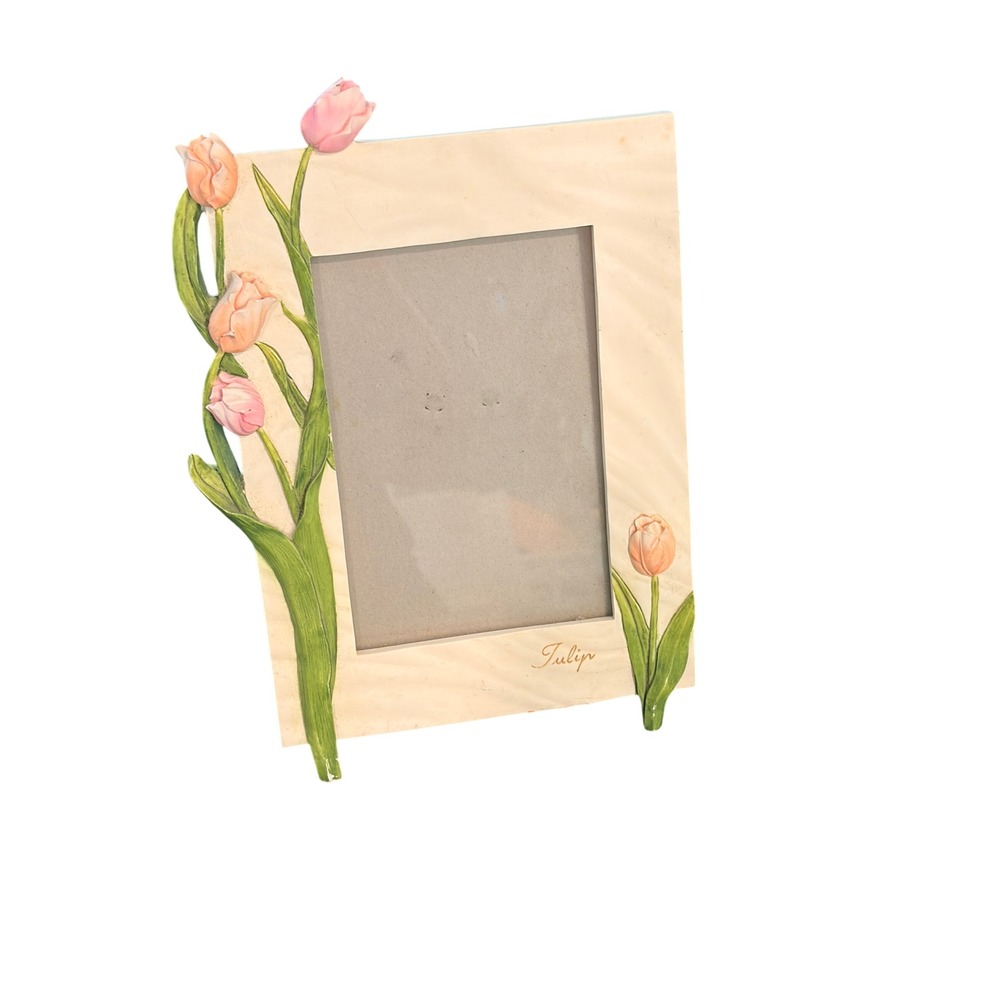 Vintage Tulip Floral Ceramic Picture Frame Pink Orange Flowers Cottagecore Decor